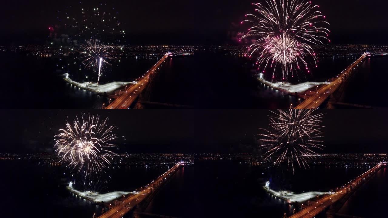 庆祝胜利日期间，沃罗涅日上方的烟花，无人机拍摄的鸟瞰图