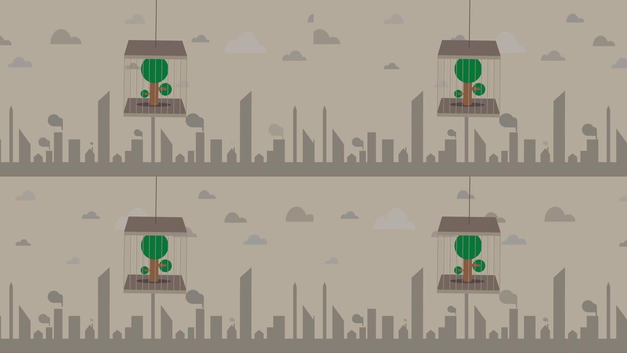 笼罩在污染上的笼子里的孤独树 (全球变暖概念漫画)