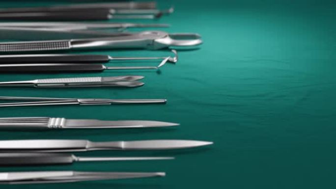 特写集的牙医工具手术在绿色背景。3D动画。