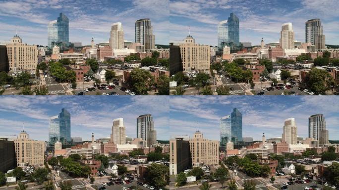 美国纽约州威彻斯特县城市怀特普莱恩斯市中心的鸟瞰图。无人机制作的带有全景摄像机运动的视频。