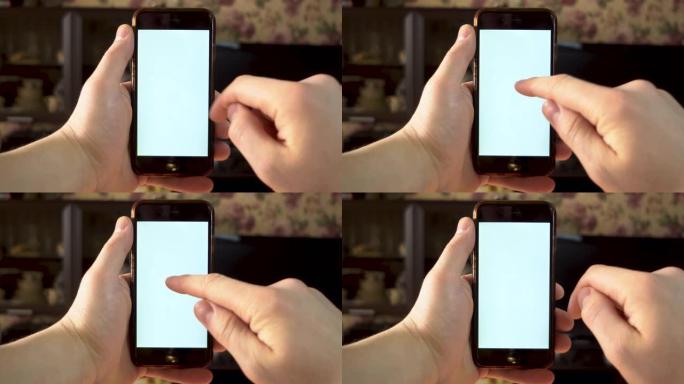 这个人使用电话。一只手用手指在带有白色屏幕的智能手机上双击。模板。4k