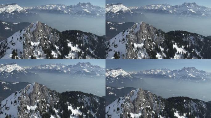瑞士莱辛的山顶被雪覆盖的无人机拍摄