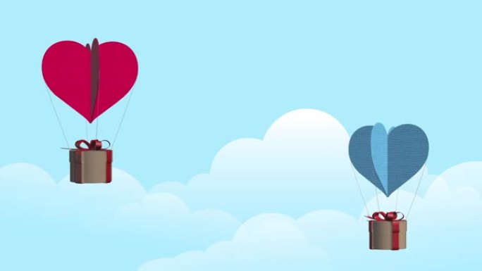 红色和蓝色的纸纹理气球，带有爱心和礼品盒在天空概念动画象征情人节，4k股票视频