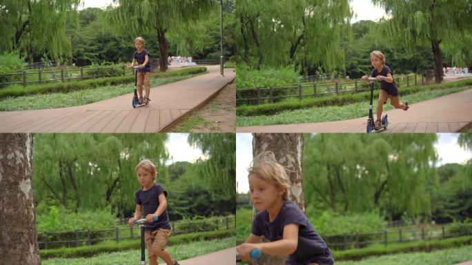 小男孩在公园里骑脚踏车。慢动作镜头