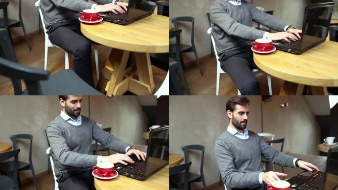 商人在咖啡馆喝咖啡并使用笔记本电脑