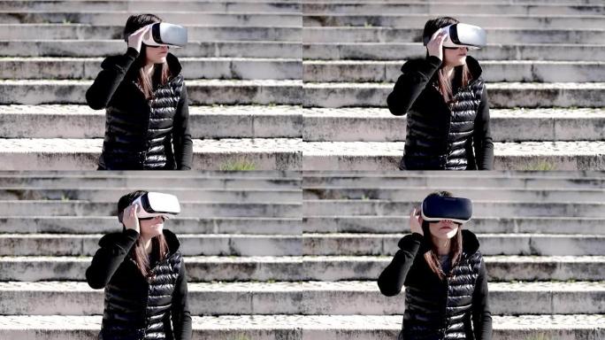 街头VR耳机中的专注女人