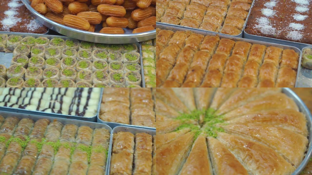 土耳其果仁蜜饼，在市场长凳上