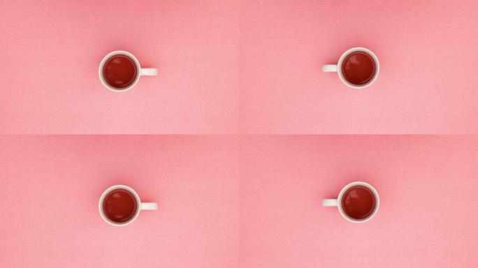 女人手指移动瓷杯茶在粉红色背景上的圆圈-停止运动