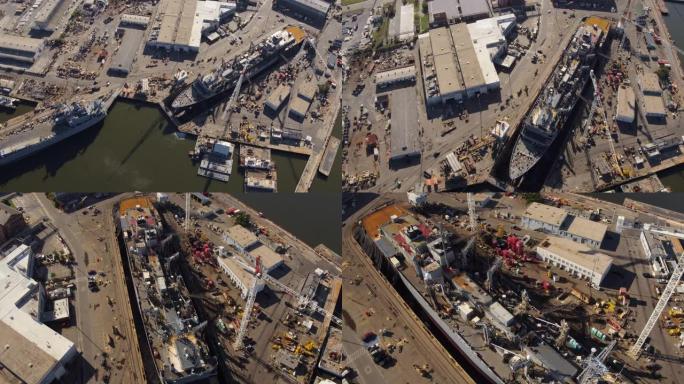 查尔斯顿南卡罗来纳州空中v86垂直鸟眼视图环绕造船厂放大