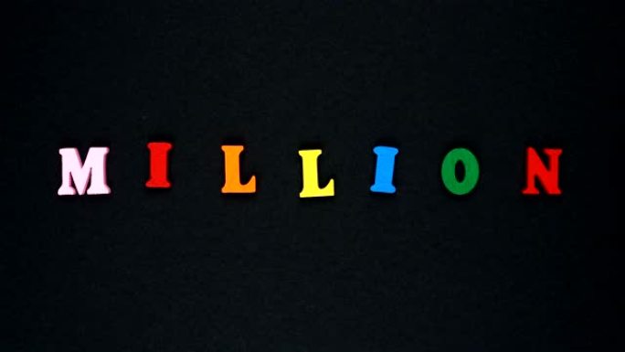 由木制五彩字母组成的单词 “百万”。五颜六色的单词循环。