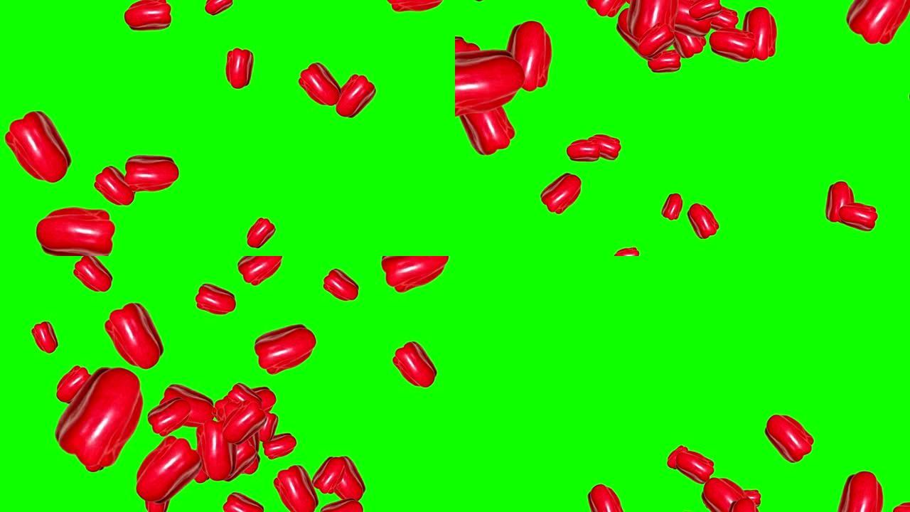 一组红辣椒坠落动画，可编辑背景，绿屏色键