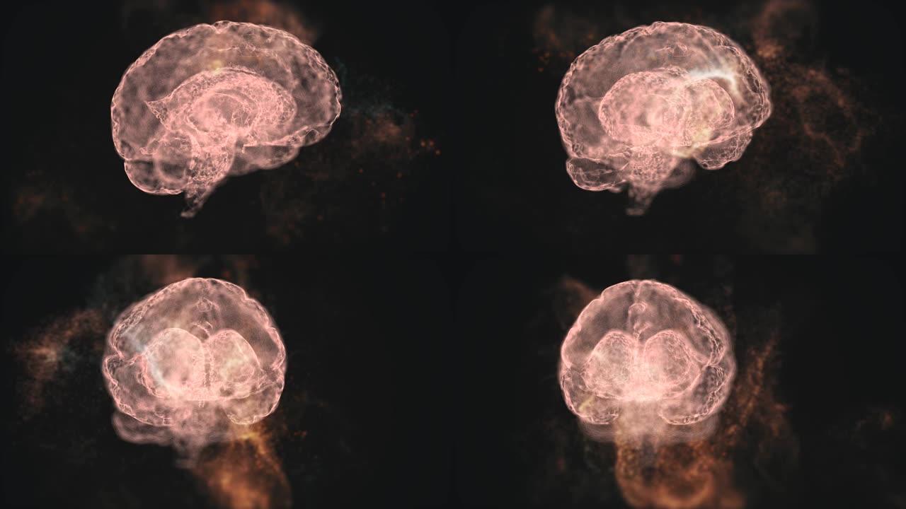 4k视频的抽象人脑漂浮在太空中，一些元素飞走了。