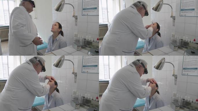年轻女子因眼痛而在眼科医生那里检查眼睛。白领工人。活跃的老年人在他们的工作场所。