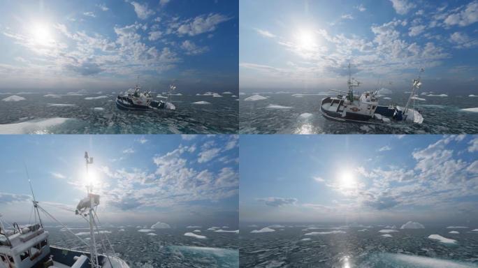 渔船被困在北极冰中，相机飞行，4K