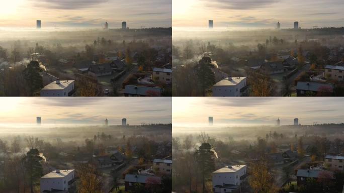 下降，索伦图纳有雾的秋天，从无人机上看，日出