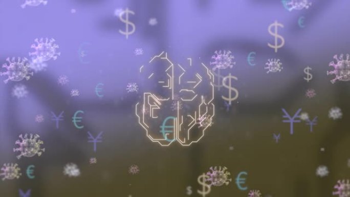 数字动画的hud风格的人脑与美元，欧元和日元图标漂浮在受感染的病毒环境。