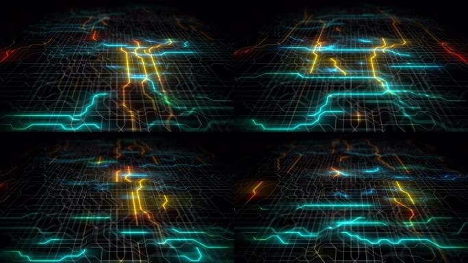 电路板、主板、数字芯片的4k回路。科技科学背景。集成通信处理器。博克信息工程组件。3D渲染计算机硬件