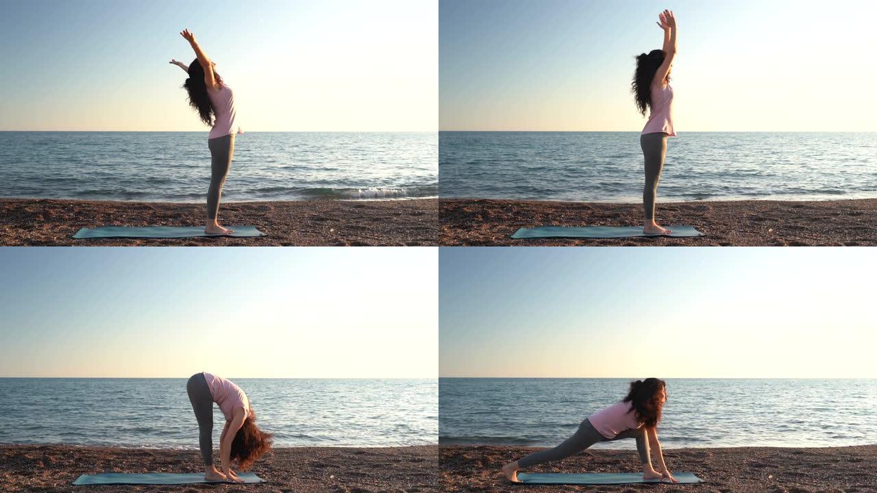 4k视频，成年女性在沙滩上做瑜伽练习