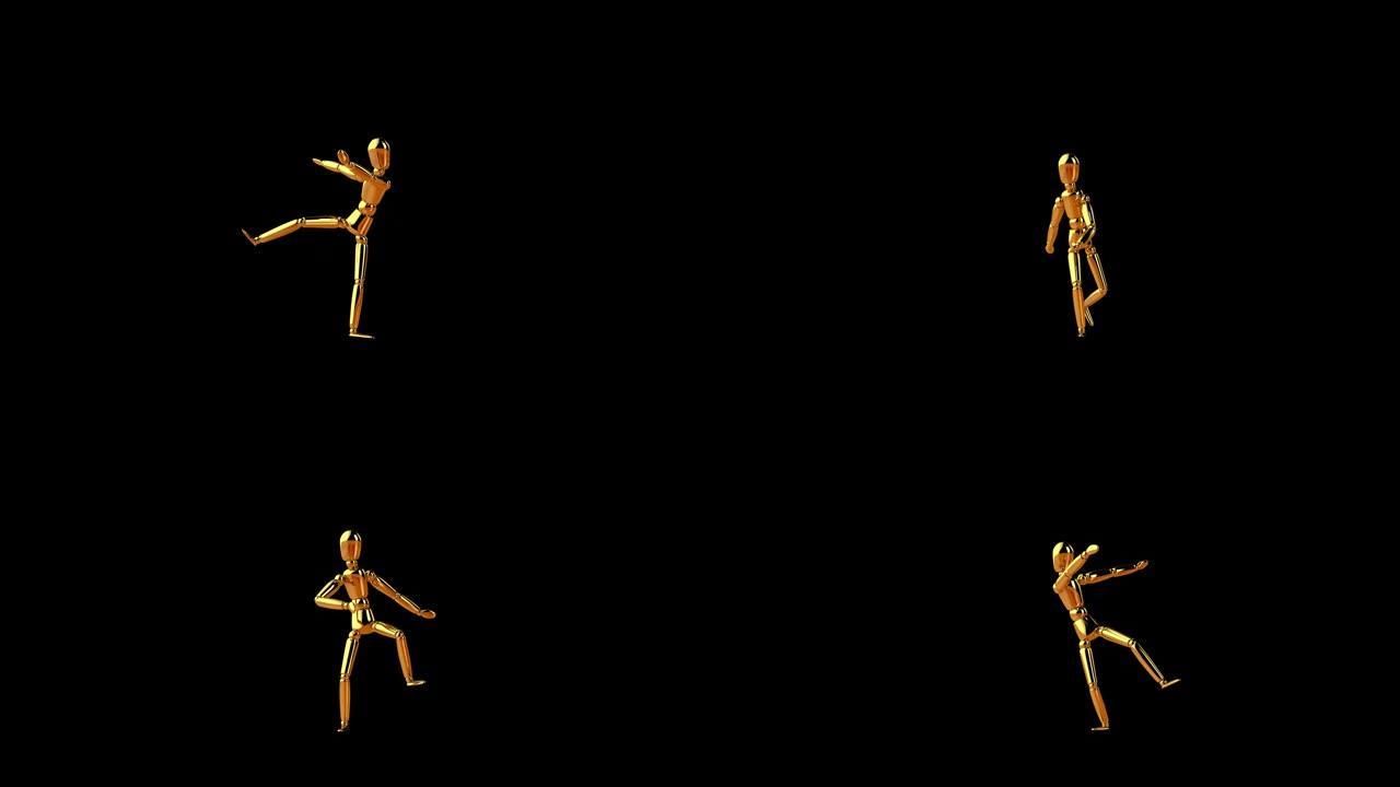 有趣的金色模特舞蹈扭曲，无缝循环，阿尔法通道