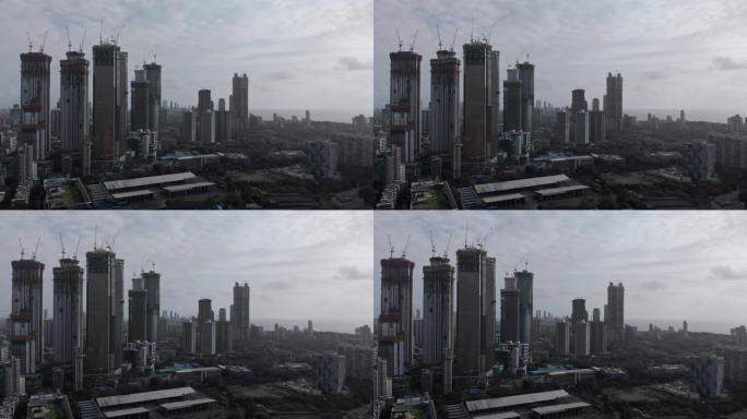 城市丛林，孟买的高塔，多云的空中无人机景观，4k