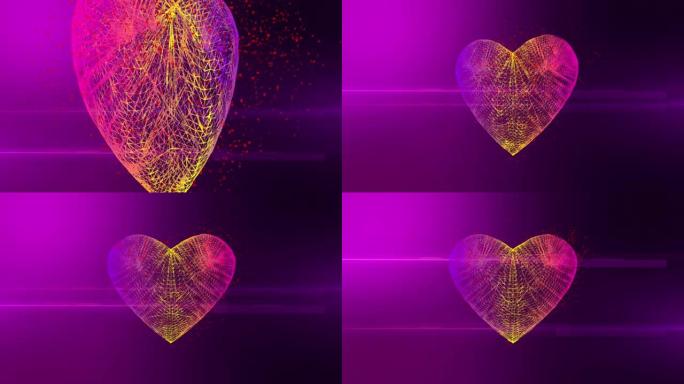 颗粒彩色粉色红色黄色紫色线框心形和小红色心形颗粒。3D渲染。
