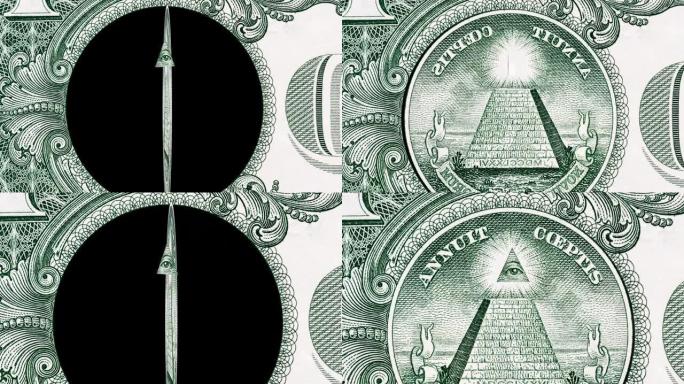 创意4k视差视频，详细介绍了1美元钞票的细节，带有一个旋转的圆圈，上面有一个金字塔和一只眼睛。