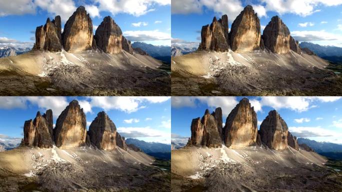 鸟瞰图。在意大利的Tre Cime Di Lavaredo飞越多洛米蒂阿尔卑斯山