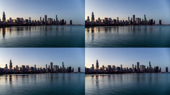 密歇根湖黄昏时的芝加哥天际线