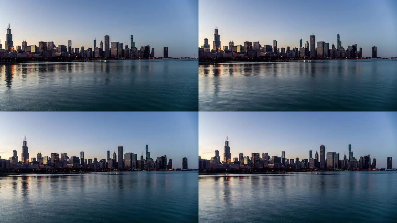 密歇根湖黄昏时的芝加哥天际线