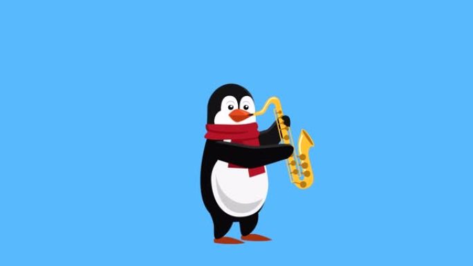 卡通小企鹅扁平圣诞人物音乐播放带哑光的萨克斯管动画