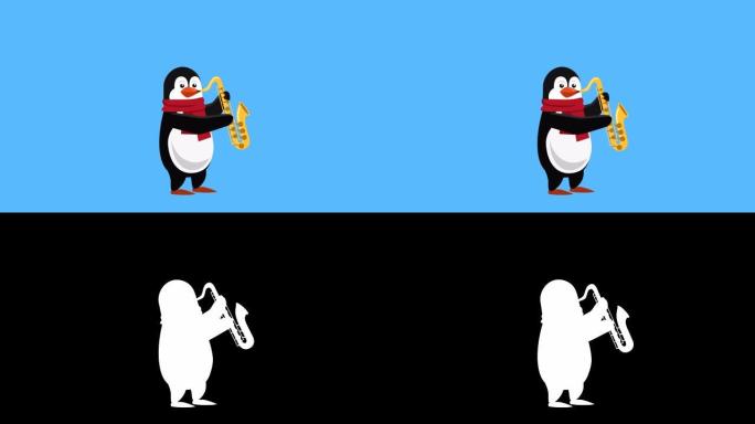 卡通小企鹅扁平圣诞人物音乐播放带哑光的萨克斯管动画