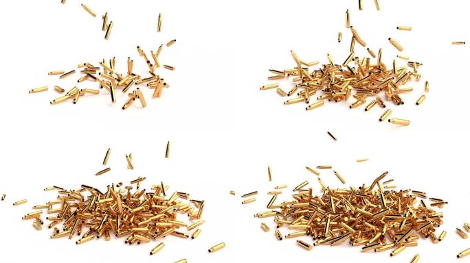 墨盒上的金属套落在白色背景上的一堆中。墨盒外壳渲染插图。特写镜头。孤立的插图。4k