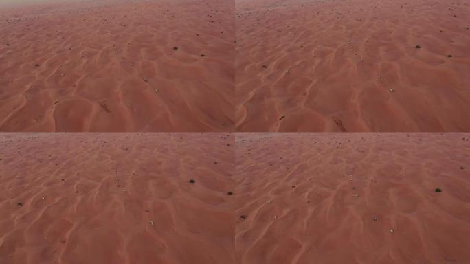 在沙漠中的沙丘上行走的一名穿着阿巴亚 (阿拉伯联合酋长国传统服装) 的妇女旁边飞行的无人机的鸟瞰图