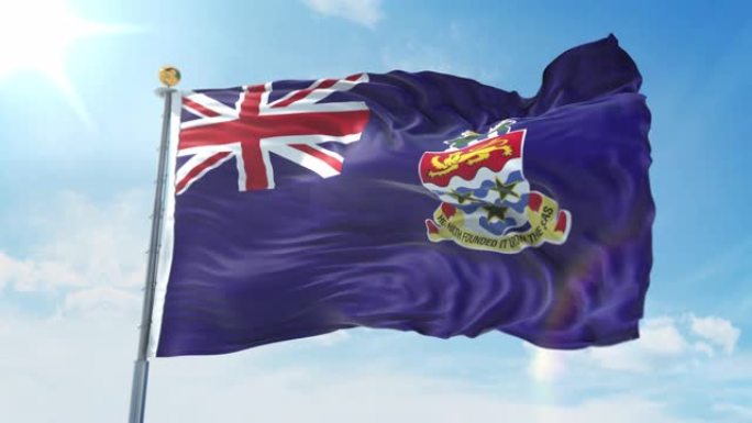 在深蓝色的天空中飘扬的开曼群岛旗帜。国家主题，国际理念。3D渲染无缝循环4K