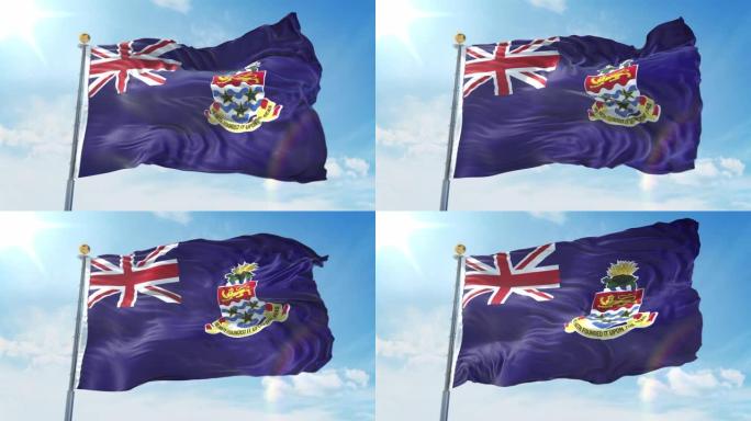 在深蓝色的天空中飘扬的开曼群岛旗帜。国家主题，国际理念。3D渲染无缝循环4K