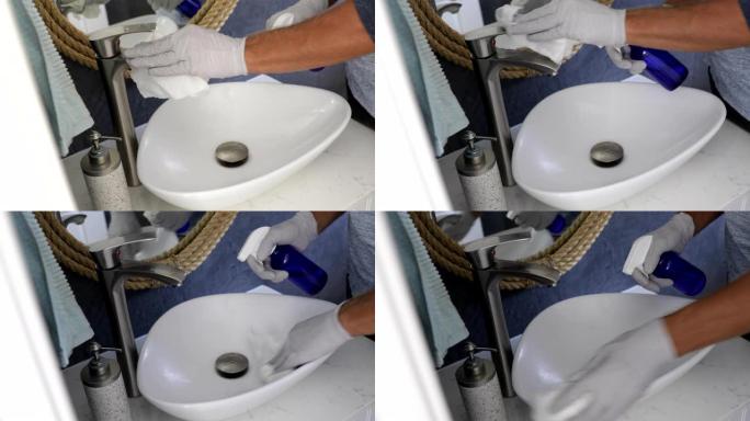 浴室家庭住宅的清洁工清洁水龙头水槽