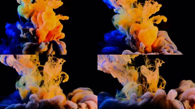 4K，五颜六色的水滴，抽象的颜色混合，水滴的墨水颜色混合掉在水中的油漆