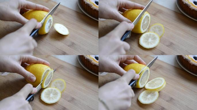 女人用刀在砧板上切柠檬