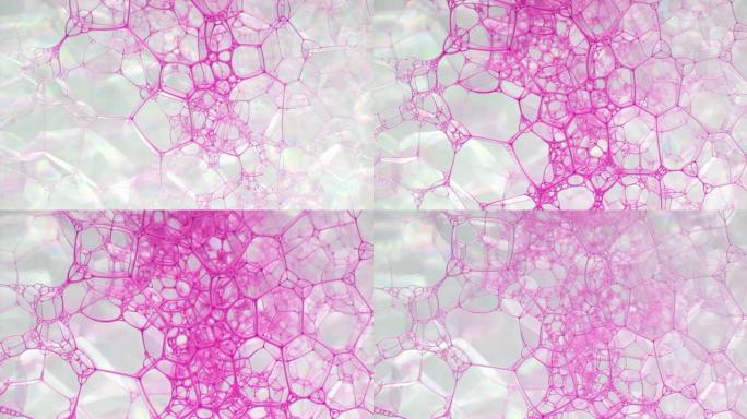 彩色肥皂泡沫与爆裂气泡背景。摘要生物结构，大分子模式。紫色墨水填充了大量在液体中形成的白色小气泡。自