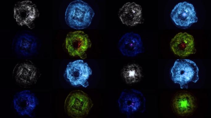 惊人的四层小颗粒云和它们中间的白光遍布整个屏幕。动画。黑色背景下太空中的恒星爆炸