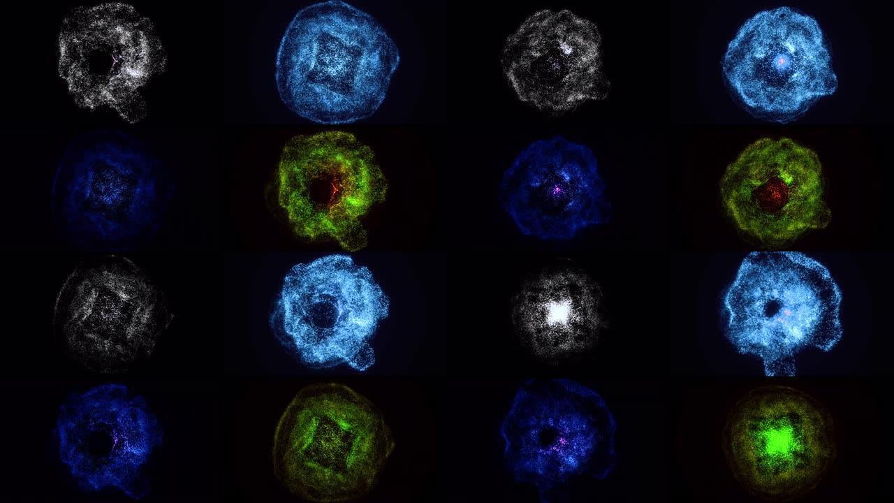 惊人的四层小颗粒云和它们中间的白光遍布整个屏幕。动画。黑色背景下太空中的恒星爆炸