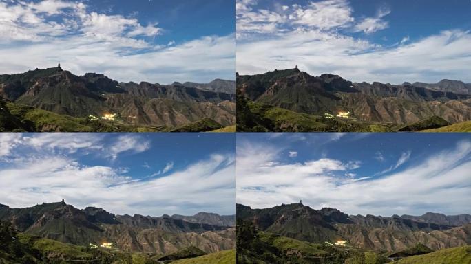 西班牙加那利群岛大加那利岛Tejeda的Roque Nublo和火山火山口的夜间过度消失。