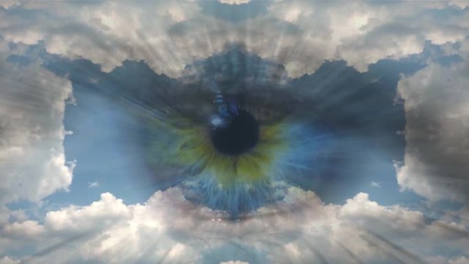 创意4k时间圈移动云的视频，具有反射和镜面效果，如万花筒和多色人眼宏观特写移动到相机。上帝的想法，更