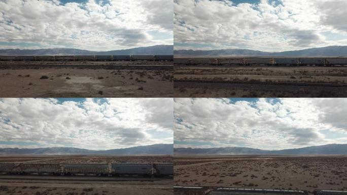 沙漠铁路上的货运列车鸟瞰图