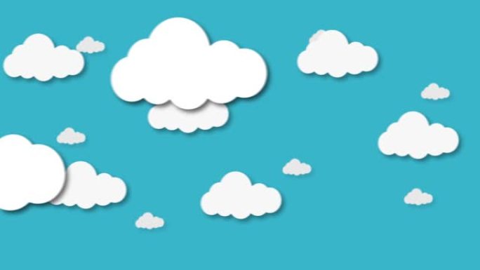 布满云彩的蓝天从右向左移动。卡通天空动画背景。平面动画。