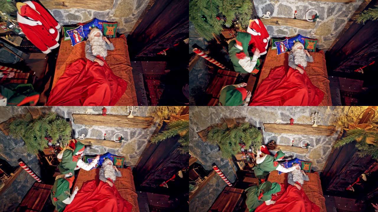 圣诞老人正在床上装饰特别的房间里睡觉。