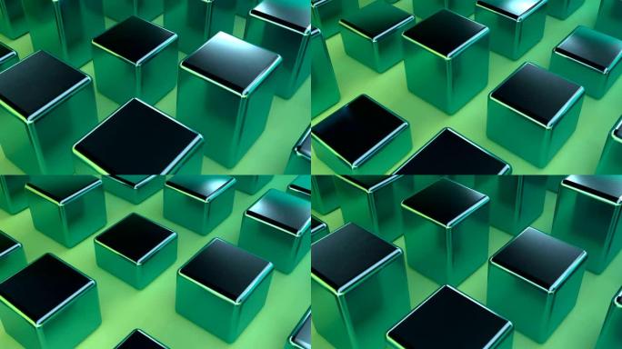复古3d图案，绿色背景上有绿色盒子金属。蓝色背景。抽象模式。复古纹理。老式枪。复古背景。3d渲染。4