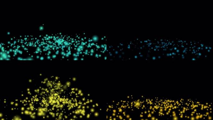 黑色背景4k视频中一大群闪亮的金色和蓝色颗粒在地面上随机弹跳