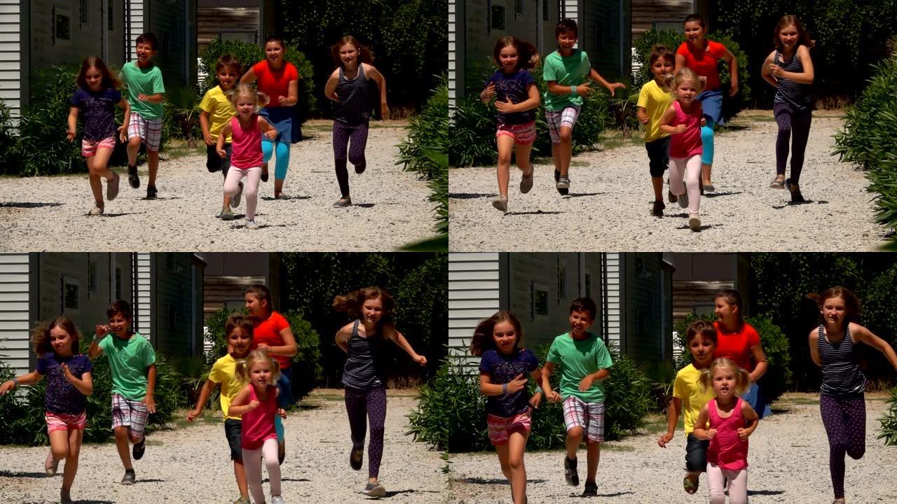 一群快乐的孩子在路上奔跑