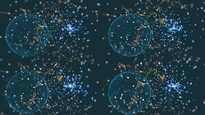 蓝色背景上漂浮的散基丛粒子之间的圆环中带有多边形球体的花式图案。